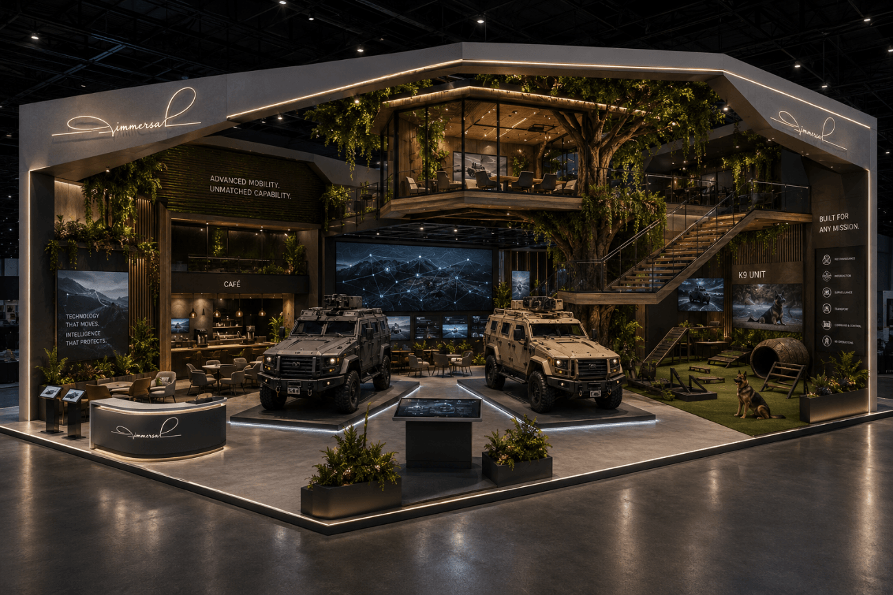 Temporary defence and mobility pavilion integrating vehicle display, digital intelligence, demonstration and hospitality into one visitor journey.