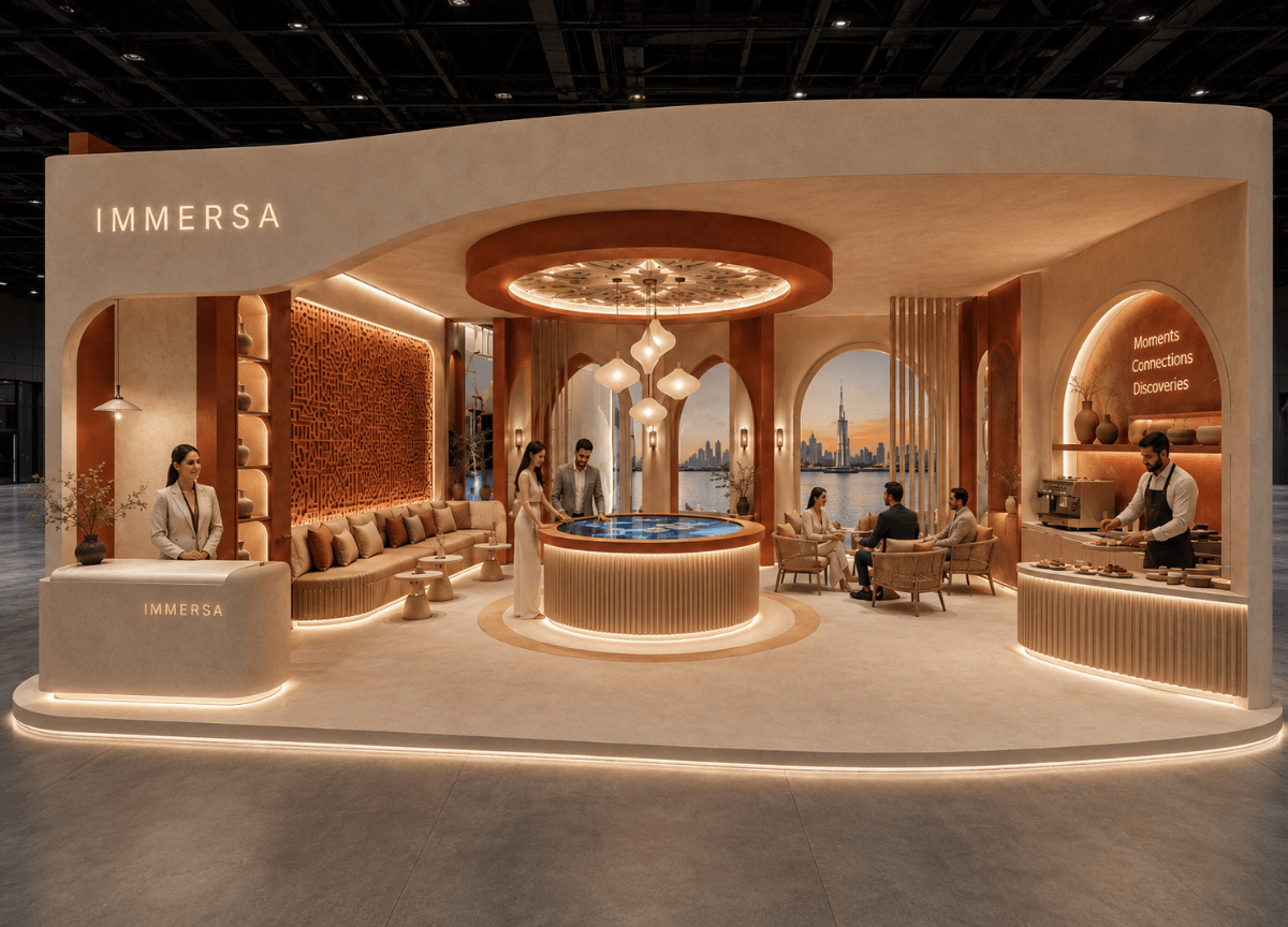 Tourism exhibition booth combining hospitality, regional storytelling, reception, lounge and visitor activation zones.